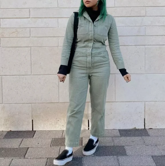 Tradlands Avocado Green Cotton Utility Jumpsuit Sz L - Picture 1 of 16